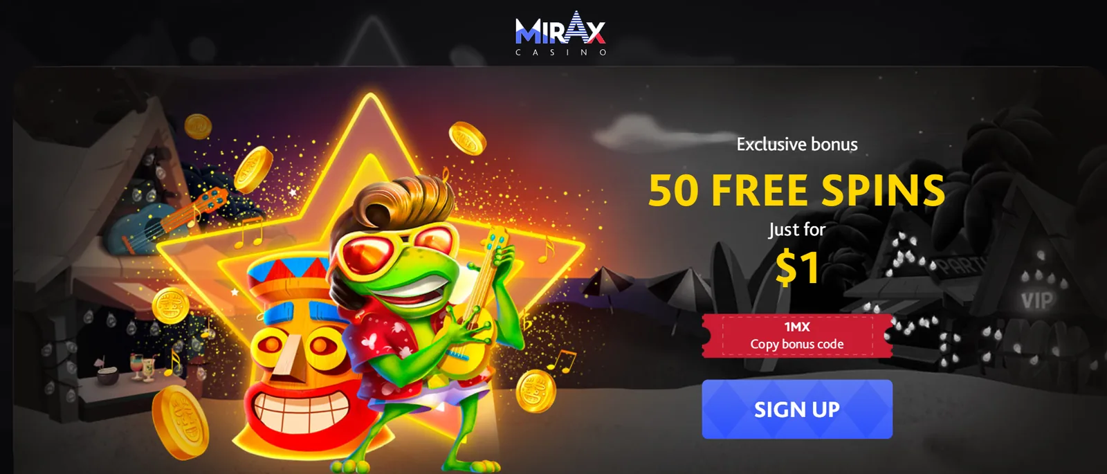 Screenshot of Mirax casino offering 50 free spins for a $1 deposit