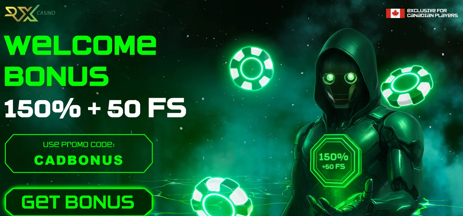 Screenshot of RX Casino welcome bonus for Canadian players, 150% + 50 free spins with the code CADBONUS